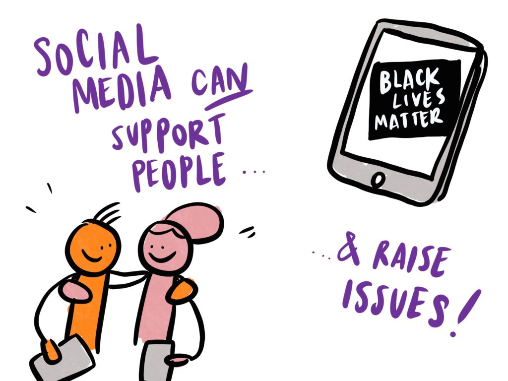 Social media CAN support people ... & raise issues! Images show two people with their arms around each other while holding tablet devices. Another device has the words Black Lives Matter on the screen