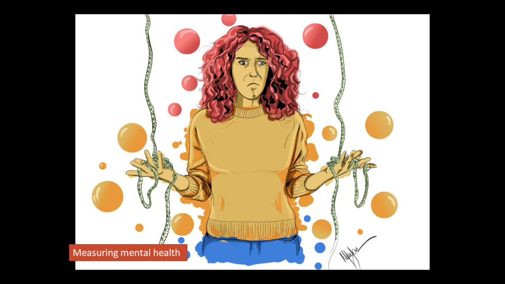 Girl with curly hair holding on to strands of string with bubbles in the background. Label: Measuring mental health