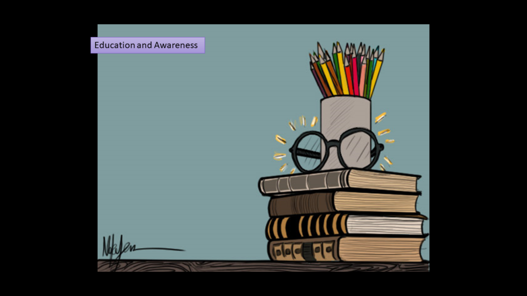 A stack of books with glasses on the top of the stack as well as a cup of pencils. Label: Education and Awareness