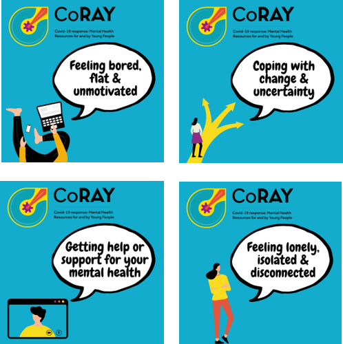 Logos for 4 briefings for Co-RAY. Their titles are, 'Feeling bored, flat & unmotivated', 'Coping with change & uncertainty', 'Getting help or support for your mental health', 'Feeling lonely, isolated & disconnected'.