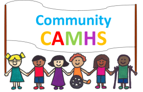 Community CAMHS logo showing six children of diverse appearances and abilities holding hands