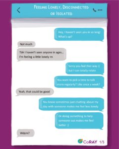Image of the first page of the text message resource on feeling lonely and isolated, demonstrating what the whole resource will look like when downloaded. You can click on this image to download the full resource.